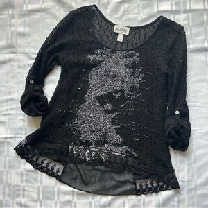 Joseph Ribkoff Black Loose Knit Lace Detail High Low Top with Sparkle Detail
